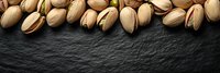 Roasted salted pistachios scattered on dark stone background with copy space. Fresh nuts border composition for healthy snacking concept.
