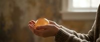 Hands gently holding fresh brown egg in cozy kitchen setting with warm natural lighting for cooking and farm-fresh ingredient concepts.