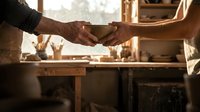 Two craftsmen shaking hands in warm woodworking workshop, partnership agreement between skilled artisans in traditional carpentry studio with tools and materials.