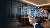 Hand holding transparent tablet displaying financial data and performance metrics in modern office environment with glass partitions.