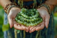 Female hands with ethnic bracelets holding fresh green grapes in cupped palms against blurred natural background, representing harvest, abundance and organic lifestyle.