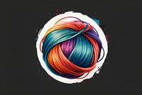 Multicolored yarn ball with vibrant orange, turquoise, and purple strands twisted together on black background, isolated with white circular frame and paint splatter effect.