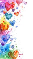 Colorful watercolor hearts in rainbow hues with paint splatters on white background, perfect for Valentine's Day cards, wedding invitations, or romantic designs.
