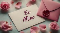 Romantic composition with be mine message card, pink envelope with wax seal, and delicate rose petals scattered on soft background. Perfect for valentines day design.
