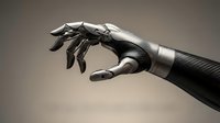 Futuristic robotic hand with articulated fingers and metallic surface showcasing advanced artificial intelligence and automation technology.