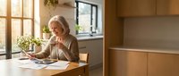 Senior Caucasian woman working on laptop at modern kitchen counter with documents and plant, enjoying remote work from home lifestyle in bright interior.