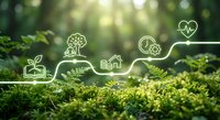 Green forest background with glowing eco-friendly icons representing sustainability, renewable energy, recycling and environmental protection concepts.