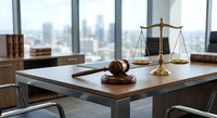 Wooden gavel and brass scales of justice on modern office desk with city skyline view through windows. Legal consultation and courtroom concept.