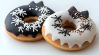 Festive winter donuts with black and white icing decorated with snowflake patterns and sprinkles on light background, sweet holiday dessert treats.