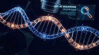 Glowing DNA double helix with gene sequencing interface and magnifying glass on dark background, used for genetic research, biotechnology, and scientific education materials.