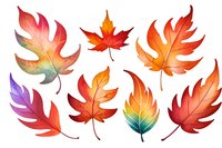 Vibrant watercolor autumn leaves in red, orange and rainbow gradients on white background, isolated elements for seasonal designs and fall decorative patterns.