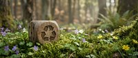 Wooden recycling symbol cube nestled among moss and wildflowers in forest setting promoting environmental awareness and sustainability concepts.