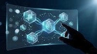 Hand touching futuristic holographic interface with medical icons and network connections on transparent digital screen for healthcare technology applications.