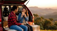 Young couple enjoying hot drinks during romantic camping trip at mountain sunset with open car trunk and scenic valley view in background.