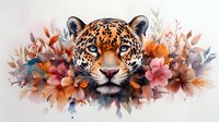 Majestic jaguar head with piercing blue eyes surrounded by watercolor floral arrangement in autumn colors, pink and orange flowers and leaves on white background.
