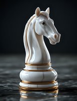 White knight chess piece with gold trim on dark reflective surface, featuring detailed equine head sculpture with realistic eyes and elegant flowing mane.