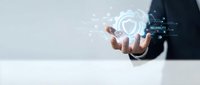 Businessman hand presenting digital cloud computing technology with network connections and data transfer icons for modern business solutions.