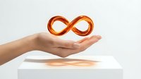 Glowing orange infinity symbol levitating above open palm against white background, representing endless possibilities and sustainable growth concepts.