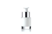 White cosmetic bottle with silver pump dispenser on transparent background, minimalist luxury skincare packaging mockup for serum or foundation.