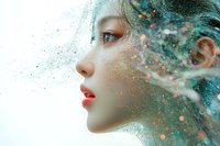 Side profile portrait with turquoise hair dissolving into sparkles and glitter particles against white background, featuring bright red lips and ethereal makeup effects.