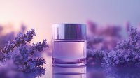 Elegant glass perfume bottle surrounded by fresh lavender flowers in purple sunset light, creating luxurious aromatherapy atmosphere for beauty product marketing.