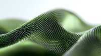 Abstract green wave pattern with metallic mesh texture and soft depth of field effect creates dynamic flowing movement on dark background.