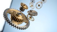 Golden metallic gears and mechanical components floating in space showcasing precision engineering and industrial machinery parts for manufacturing concepts.