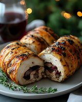 Sliced turkey roulade stuffed with mushrooms and herbs on white plate, garnished with fresh rosemary. Golden brown crispy skin with festive bokeh lights.