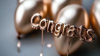 Metallic rose gold balloon letters spelling Congrats with blurred party balloons in background, celebration concept for special occasions and achievements.