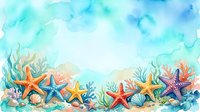 Watercolor ocean border with colorful starfish, coral, and seashells on a soft teal background, perfect for summer cards and banners.