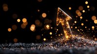 Glowing golden arrow pointing upward with sparkles and bokeh lights on dark background, symbolizing growth, success and positive direction in business concept.