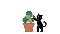 Cute black cat standing next to potted plant with green leaves in terracotta pot, minimalist flat design style for pet and home decor projects.