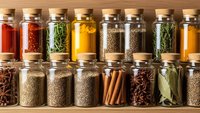 Organized spice rack with glass jars containing colorful herbs, spices, oils and seasonings arranged on wooden shelves for cooking and culinary preparation.