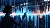 Professional businesswoman interacting with futuristic holographic data visualization display in modern tech environment for digital innovation concepts.