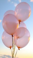 Soft pink balloons against sunset sky with golden light reflections creating dreamy, romantic atmosphere. Perfect for celebration and party backgrounds.