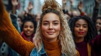 Young woman with blonde curly hair and orange turtleneck sweater smiling at protest rally with diverse crowd in background, expressing unity and social activism.