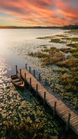 Wooden dock with boat on tranquil lake at golden sunset with dramatic orange clouds reflecting in water surrounded by marsh grass and lily pads.