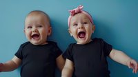 Two adorable babies in black shirts expressing joy and surprise against blue background. Perfect for parenting, childcare, and family content.