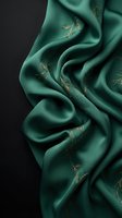 Luxurious emerald green silk fabric with golden botanical embroidery flowing in elegant waves against dark background for premium fashion design.