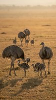 Emu family with chicks foraging in golden grassland during warm sunset light creating peaceful wildlife scene in natural habitat.