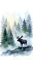 Watercolor moose silhouette in misty forest with evergreen trees and soft morning light creating peaceful wilderness atmosphere for nature decor.