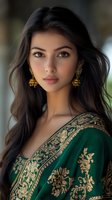 Young South Asian woman in traditional emerald green sari with gold embroidery and ornate earrings, elegant portrait for cultural fashion and lifestyle content.