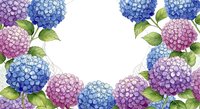 Watercolor hydrangea flowers frame in blue, pink and purple tones with green leaves on white background for spring garden design and floral decorations.