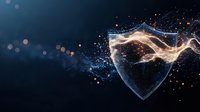 Glowing digital shield with energy particles and light trails against dark background, representing cybersecurity and digital protection in modern technology.
