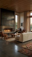 Modern luxury living room with linear fireplace, cream curved sofa, wooden chairs, dark accent wall, warm lighting, and contemporary interior design for residential and hospitality projects.