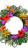 Tropical floral frame with exotic flowers, palm leaves and decorative swirls on white background. Copy space for text, invitations and summer designs.