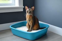 Abyssinian cat sitting in blue litter box against gray wall near window, displaying characteristic alert posture and distinctive coat coloring. Pet care concept.