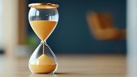Elegant hourglass with flowing golden sand against blurred modern interior background, measuring time passage on wooden surface.