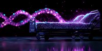 Medical hospital bed illuminated by glowing DNA helix structure floating above in purple and blue neon lights against dark background with reflection.