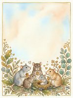 Watercolor mice family gathered around a nest with berries and foliage, soft pastel background with copy space for greeting cards.